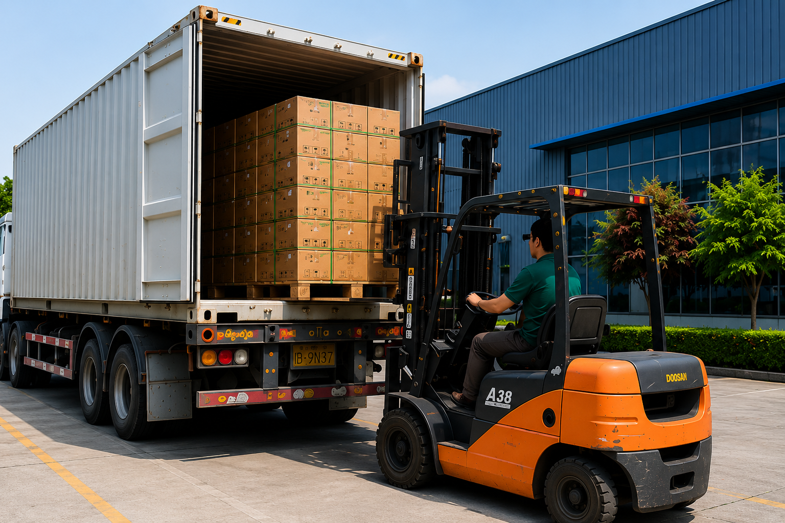 Forklift loading artificial greenery cartons into a shipping container