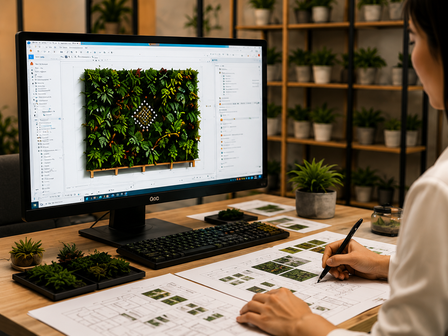 Workstation monitor showing artificial green wall design planning