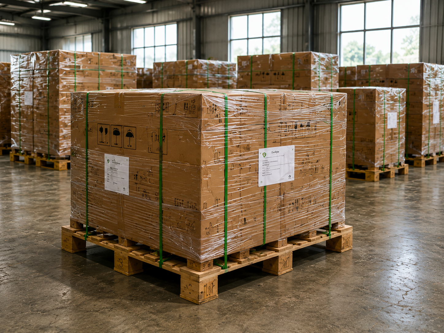 Warehouse pallet packaging prepared for artificial greenery export