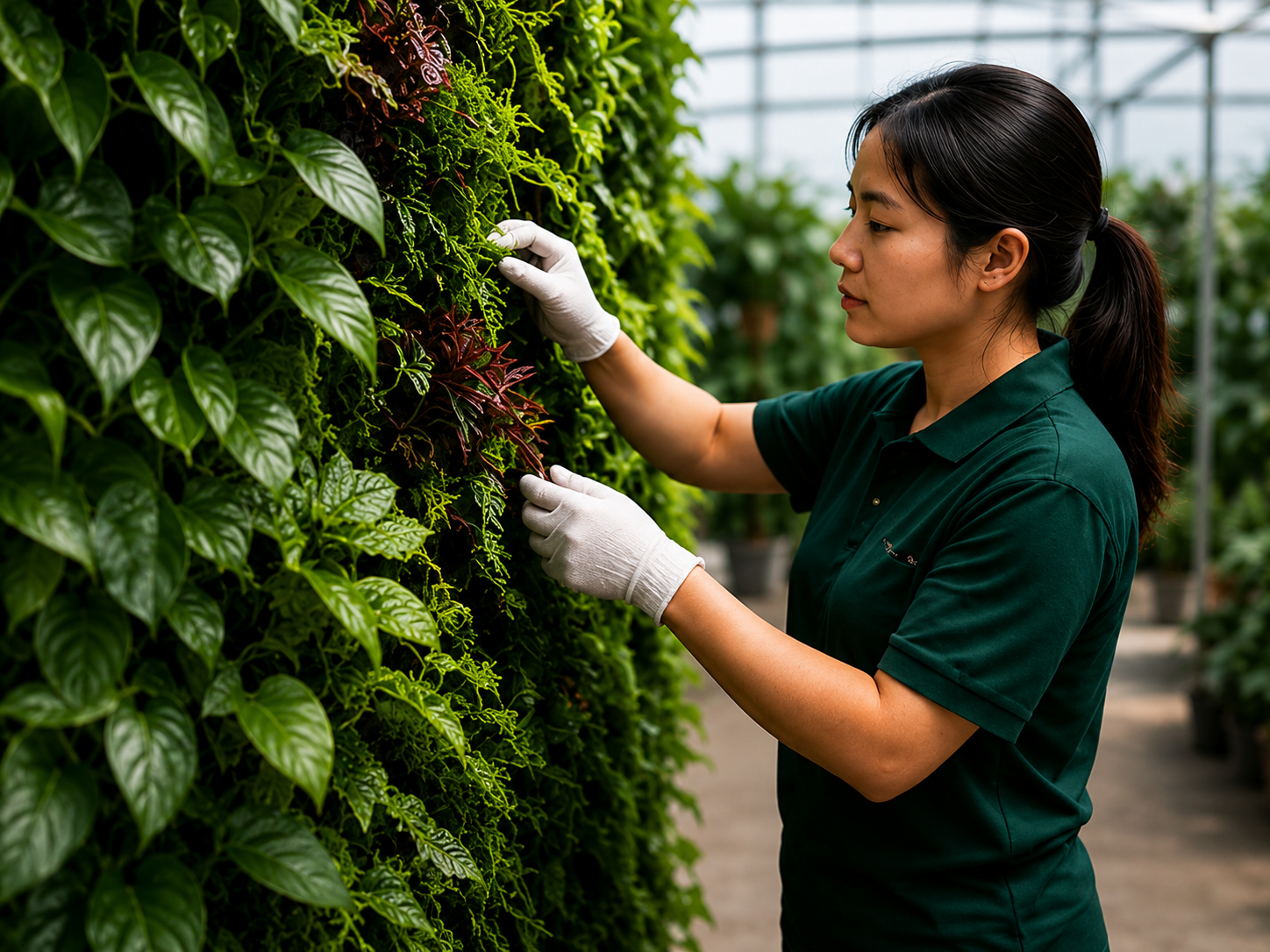 Inspector checking an artificial green wall panel