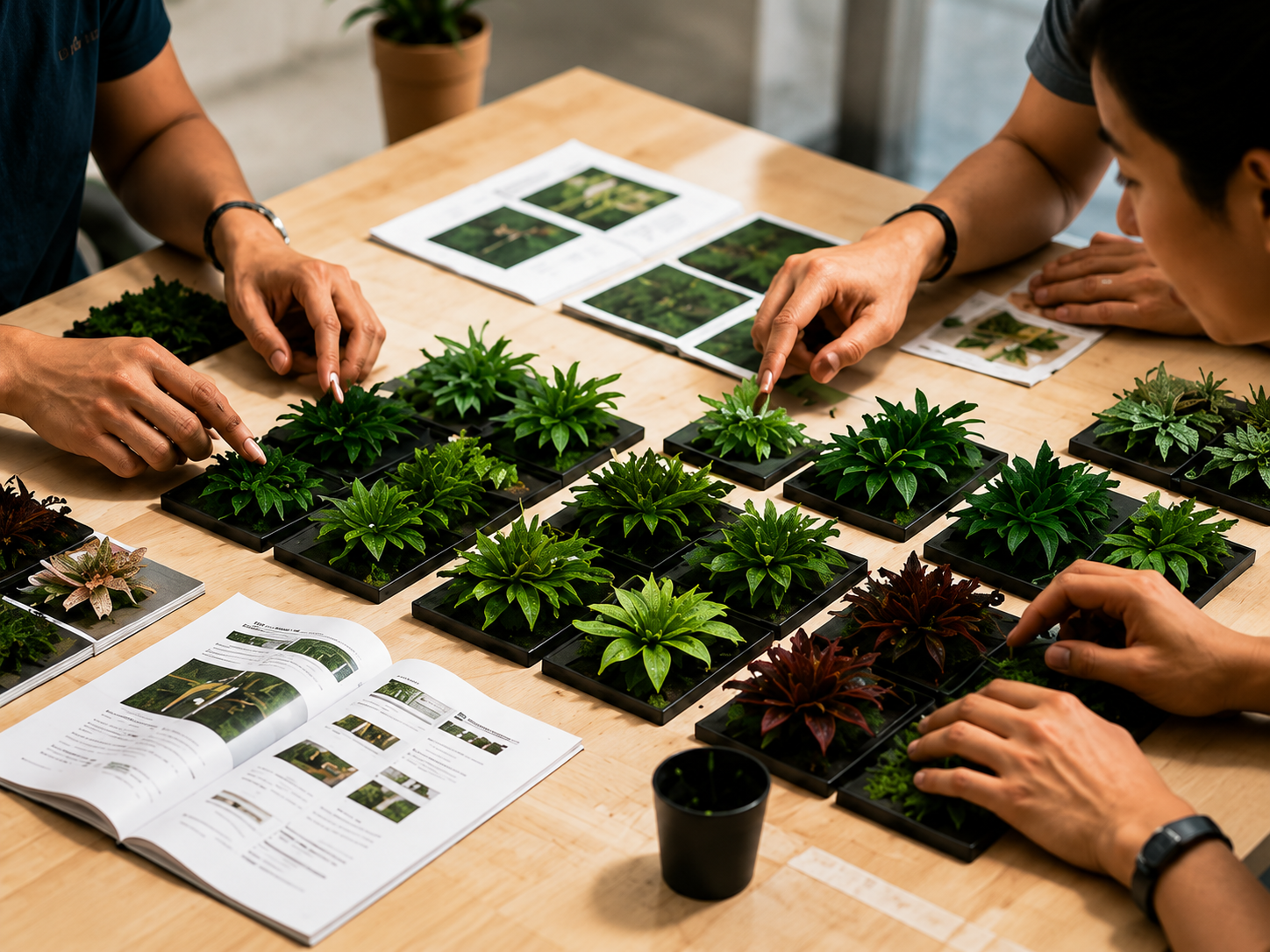 Tabletop sample review for artificial greenery materials