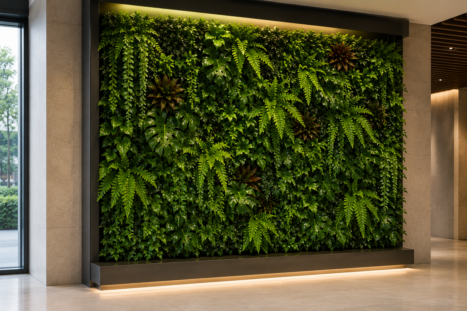 Artificial green wall panels with dense layered foliage