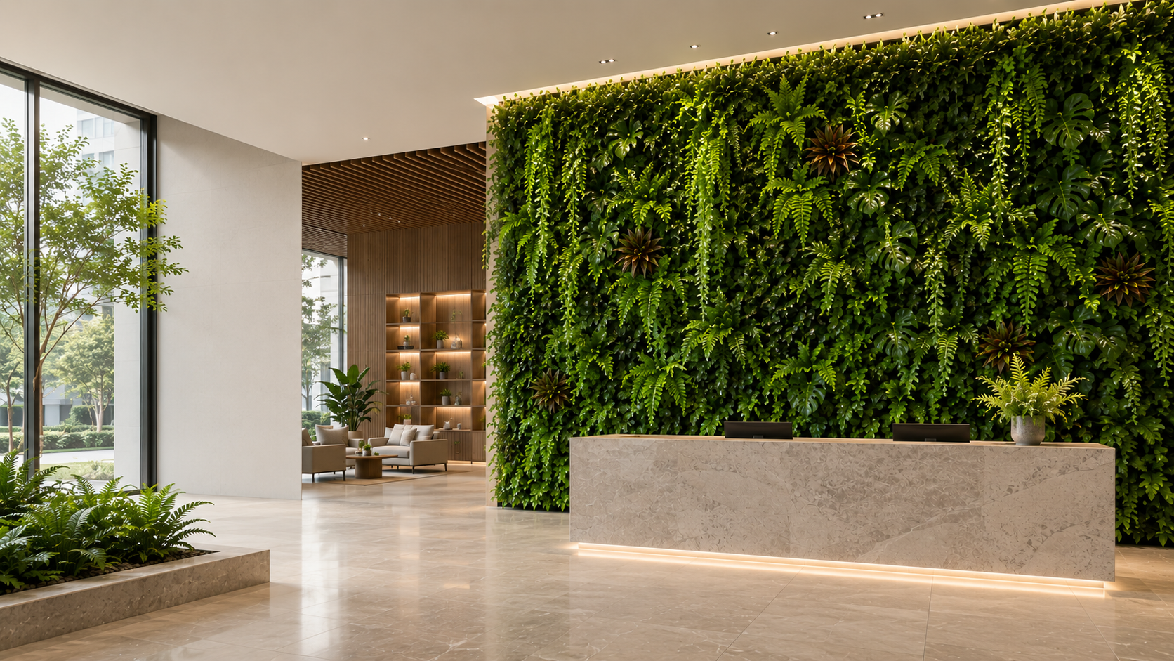 Commercial reception space with artificial green wall panels