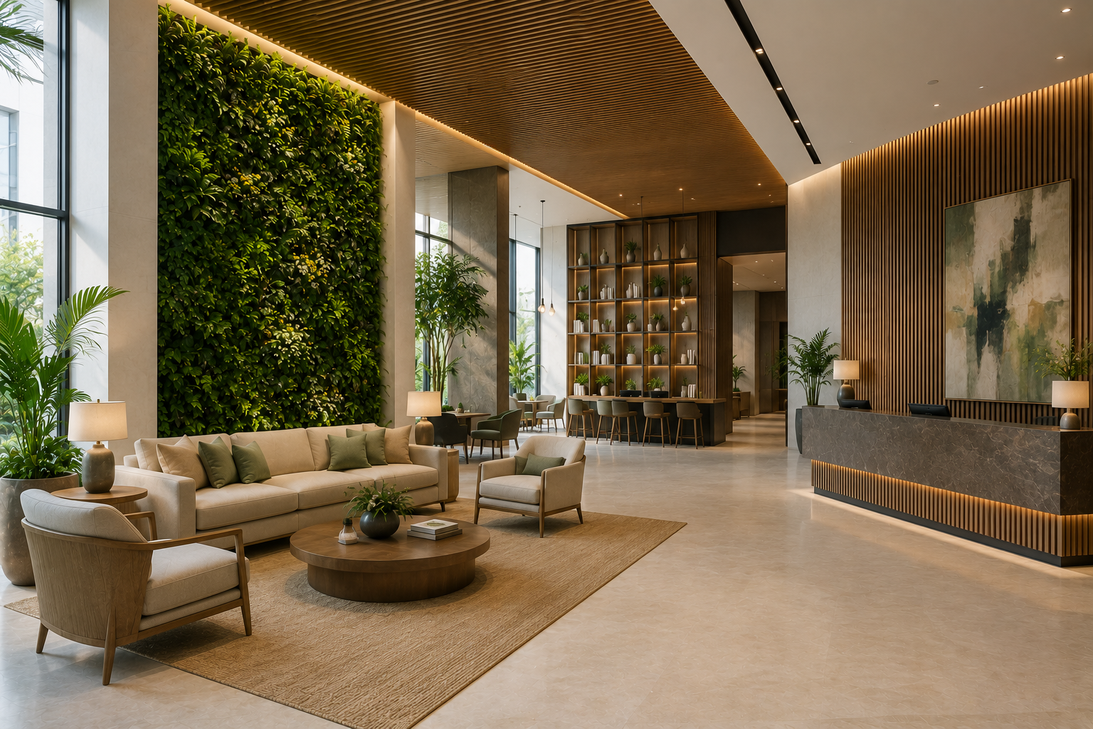 Luxury hotel lobby with artificial green wall