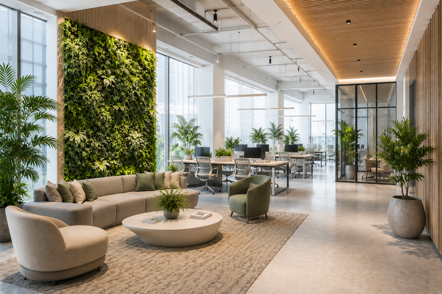 Modern corporate office with artificial moss feature wall