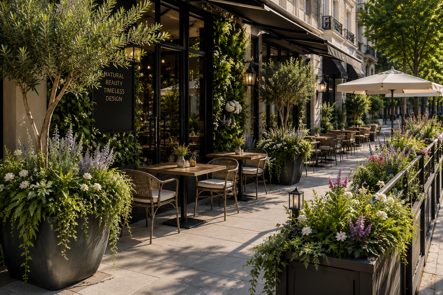 Outdoor cafe terrace with custom artificial greenery