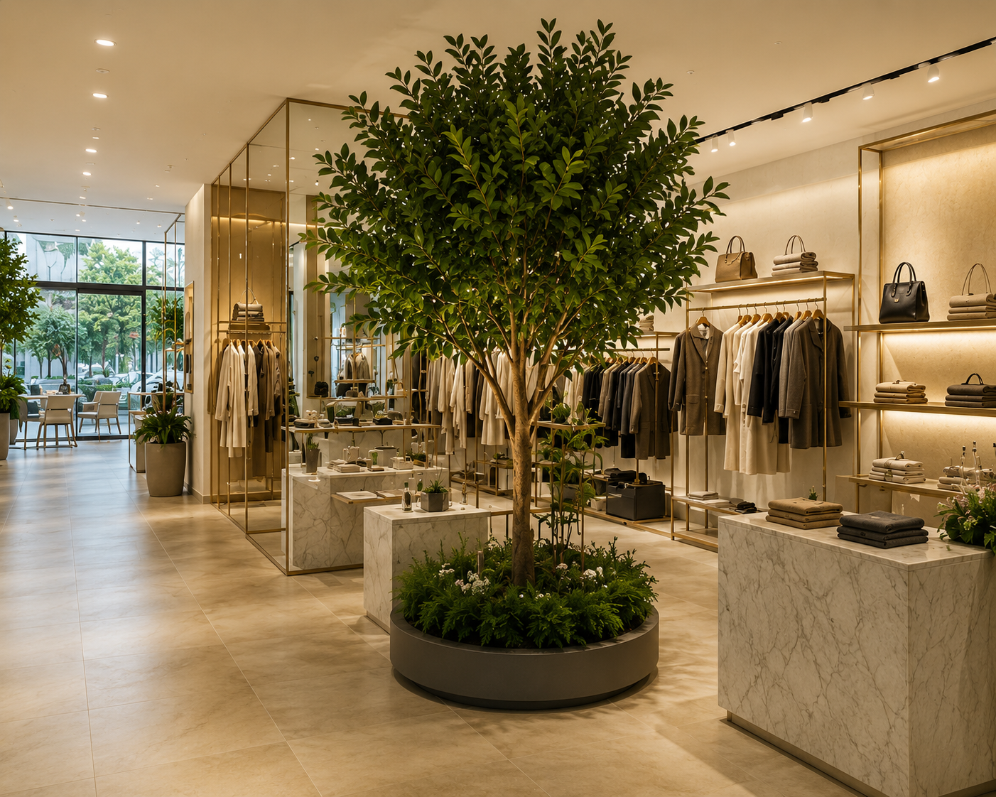 Luxury retail store with artificial tree and greenery