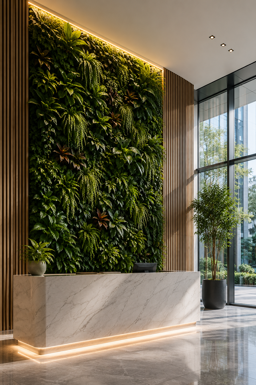 Modern commercial lobby with a floor-to-ceiling artificial green wall